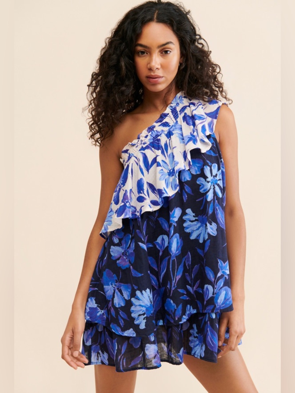 Anthropologie Floral One-Shoulder Ruffle Dress